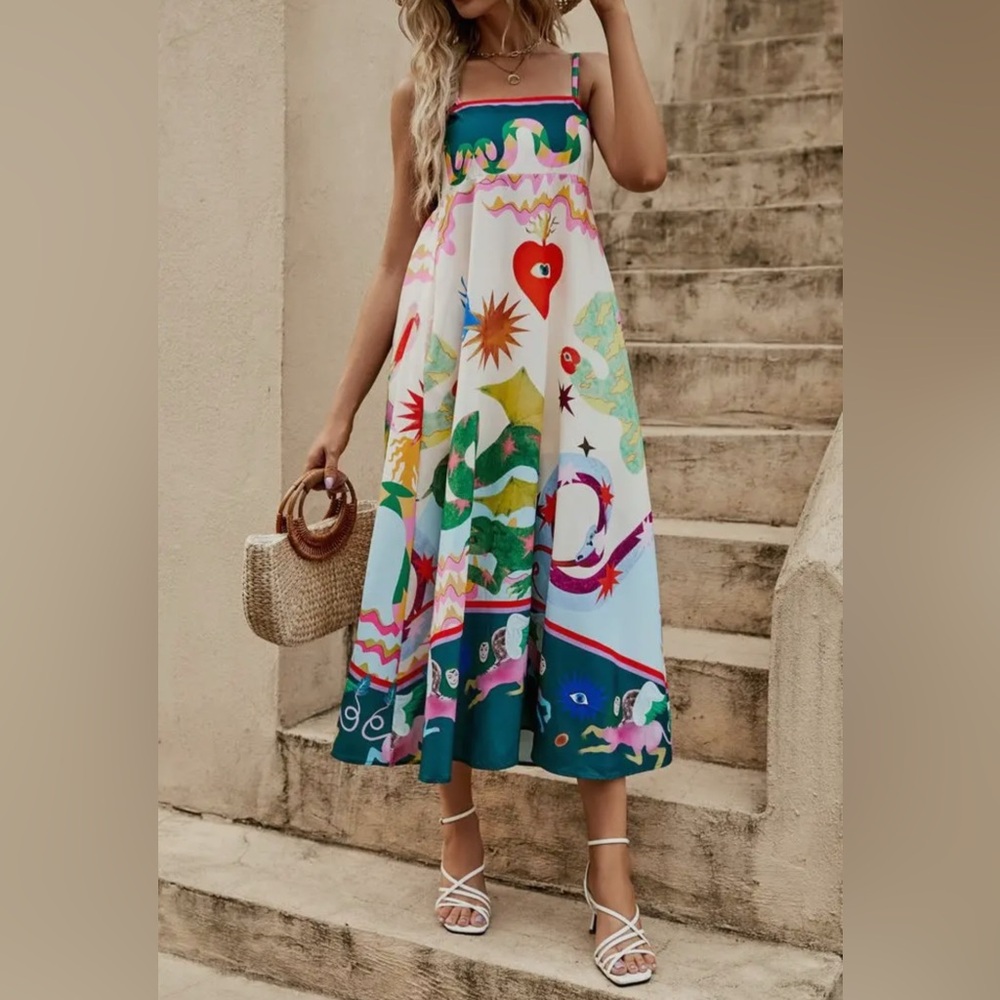Abstract Midi Length Comfortable Sundress with Adjustable Straps and Pockets - Picture 2 of 8